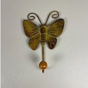 Vintage Style Metal Butterfly Wall Hook Antiqued Gold Green Verdigris 8" MCM